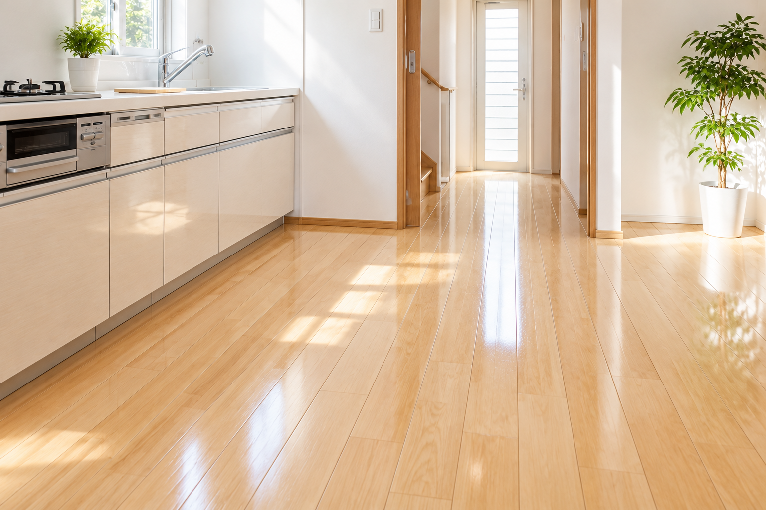 キッチンと廊下の光沢あるフローリング